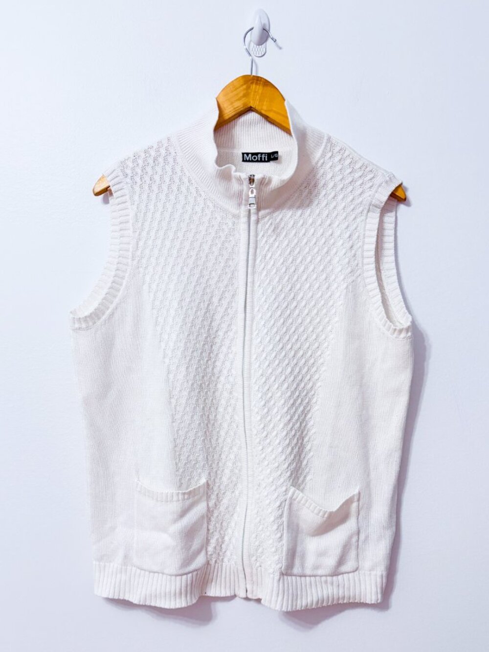 MOFFI White Cable Knit Full Zip Mock Neck Sleeveless Sweater Vest X-Large